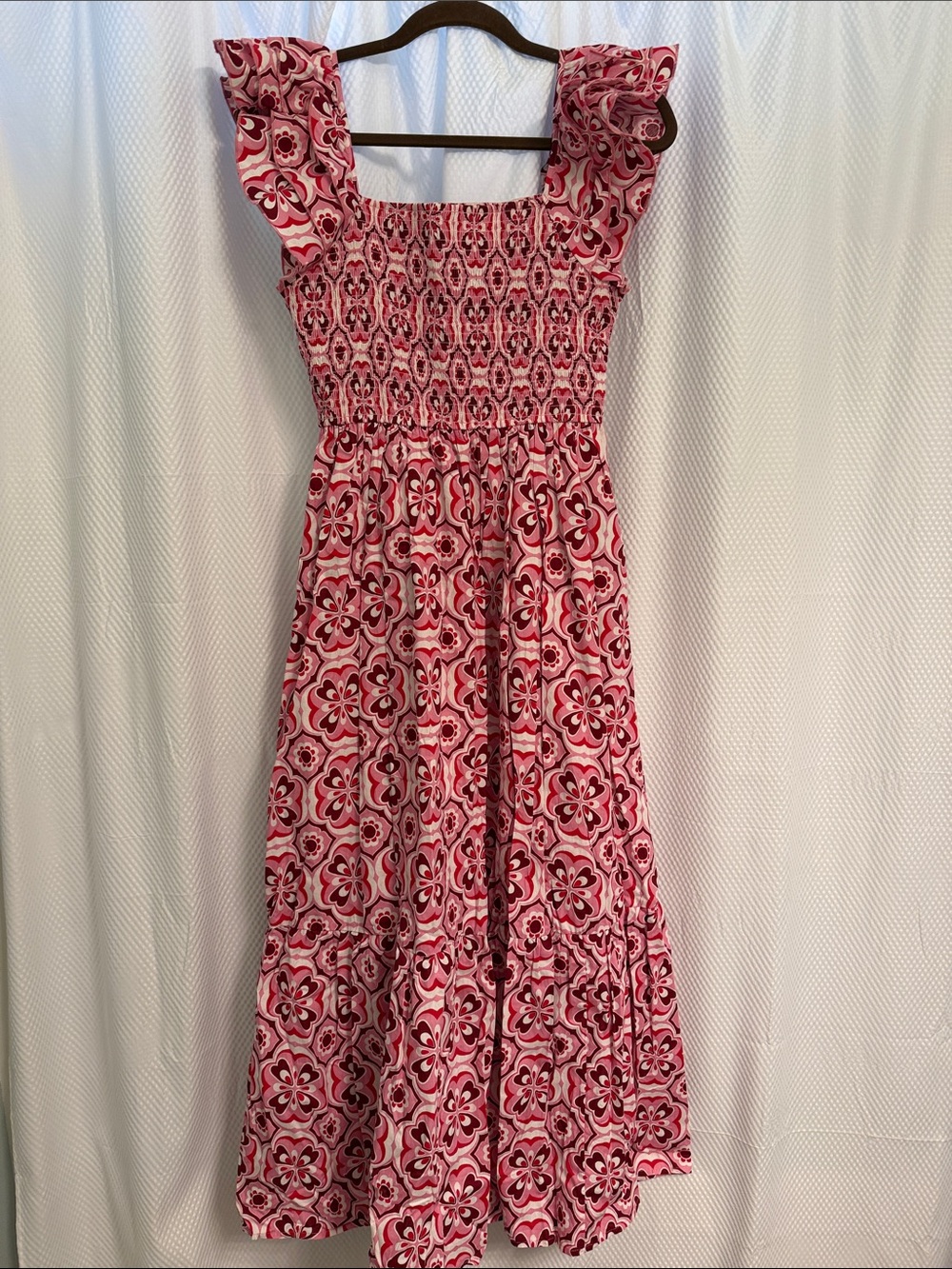 Pink Patterned Maxi Dress with Smocked Bodice by In Loom